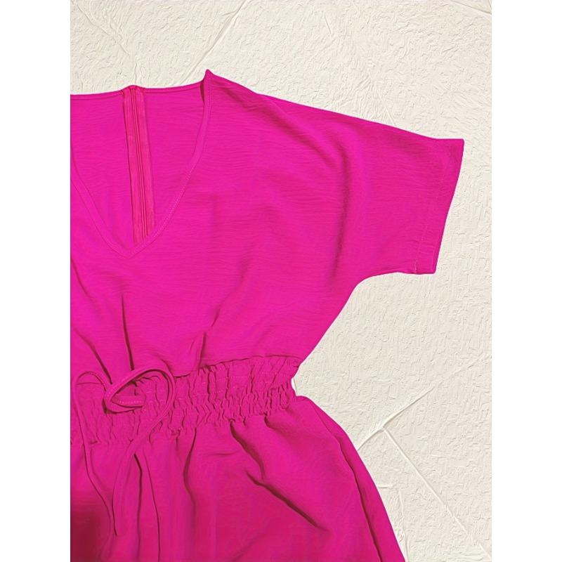 Solid V Neck Romper, Elegant Short Sleeve Shirred Waist Jumpsuit For Spring & Summer, Women's Clothing
