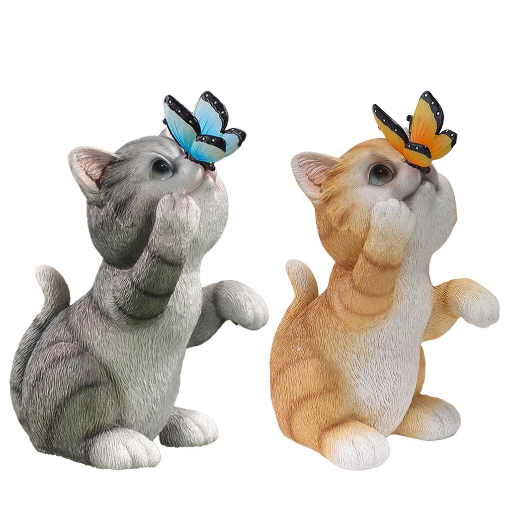 Solar Cat Butterfly Statue Cute Small Animal Decoration Outdoor Garden Ornament Decor