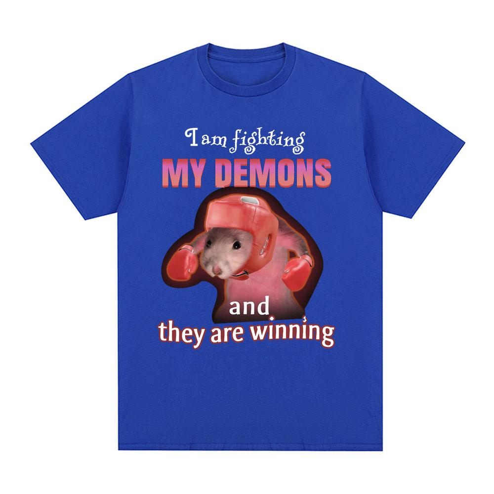 Funny I Am Fighting My Demons and The Are Winning Rat Meme T-shirt Men Fashion Creative T Shirts Short Sleeve Oversized T-shirts