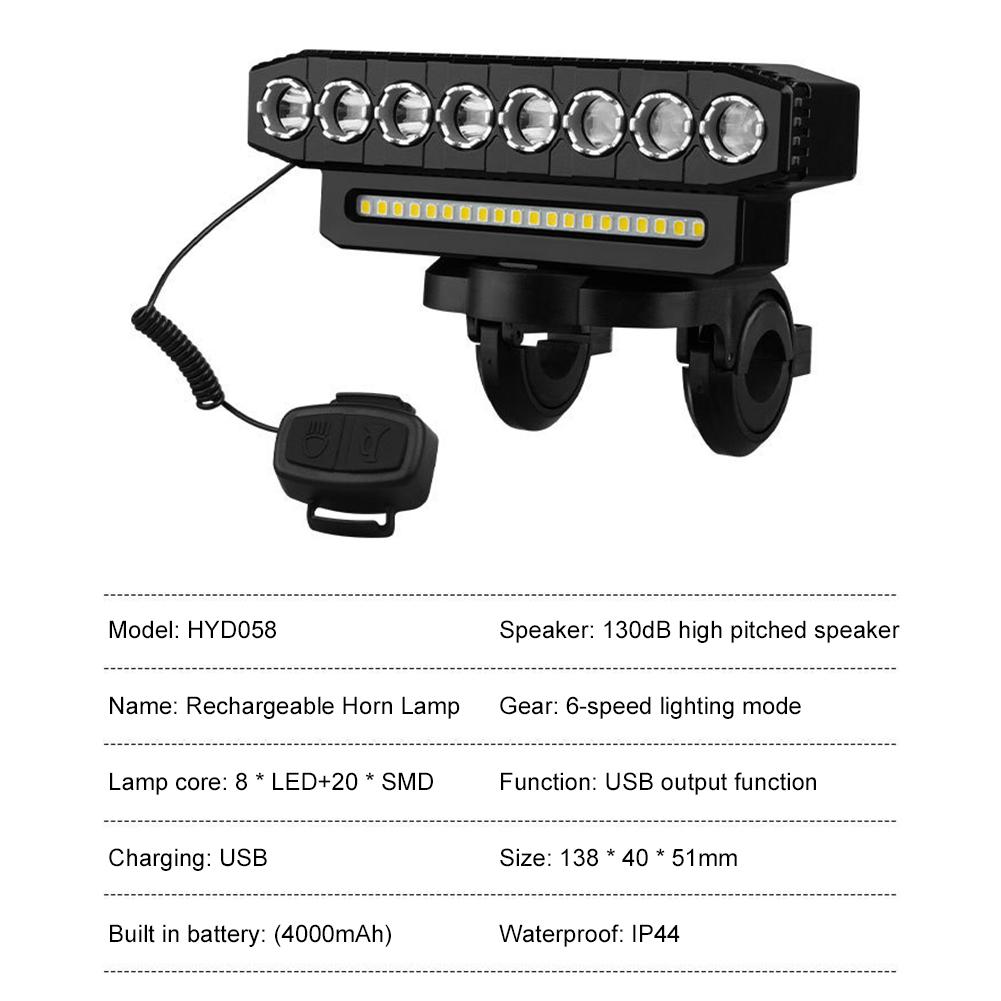4000Mah Bike Front Lights Waterproof Bicycle Headlight LED Light Bar with 130DB Bell 6 Light Mode USB Charging for MTB Road Bike