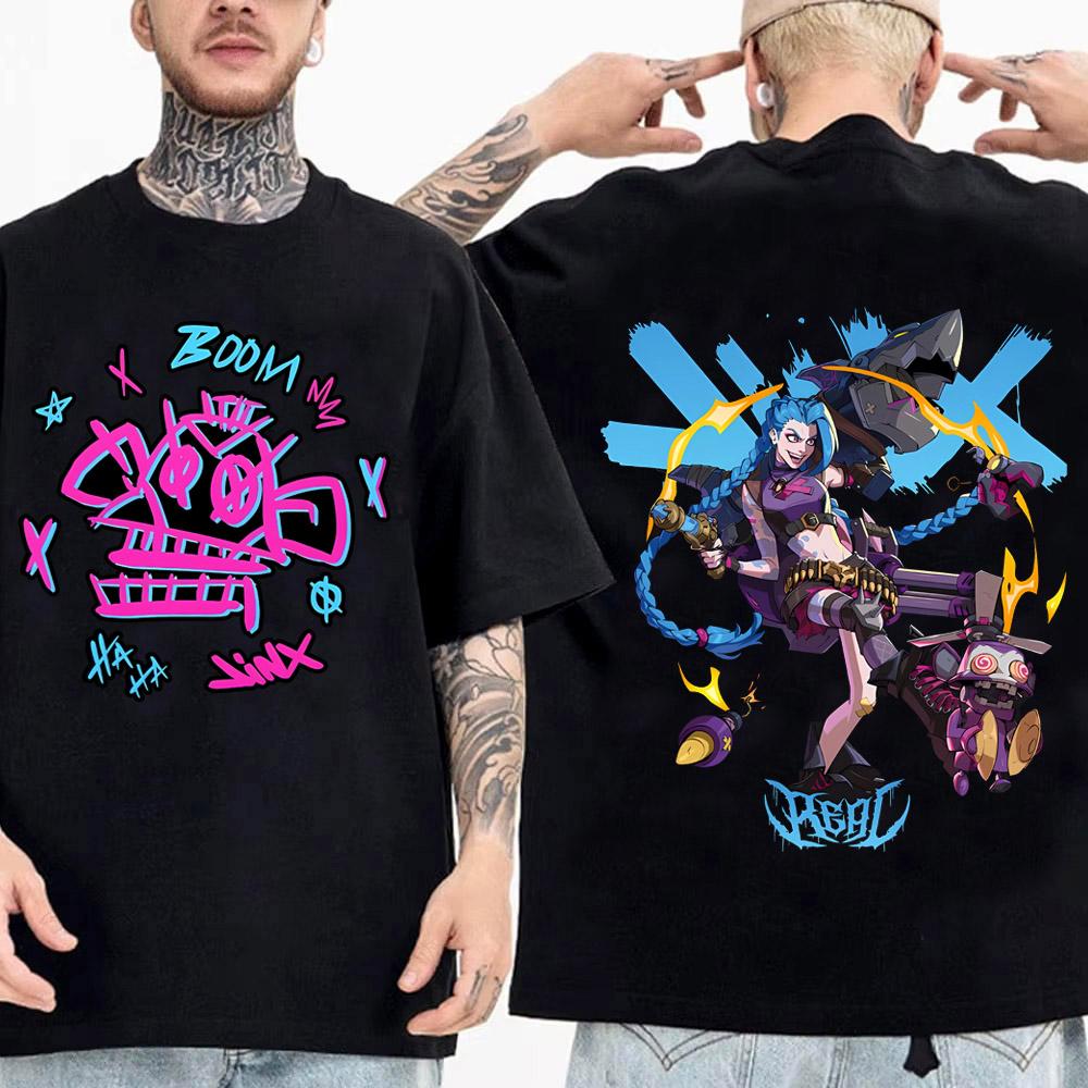 Cartoon Arcane T Shirt Men Jinx Fashion Streetwear Anime Graphic Tee Tops High Quality Cotton Short Sleeve T-shirt