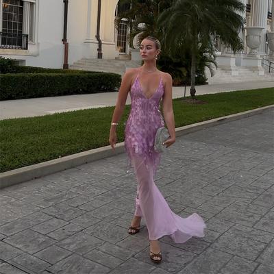 Sexy Sequin Mesh Party Dress Women Patchwork Sling V Neck Backless Long Dresses 2025 Spring Summer Lady Slim Sleeveless Dress