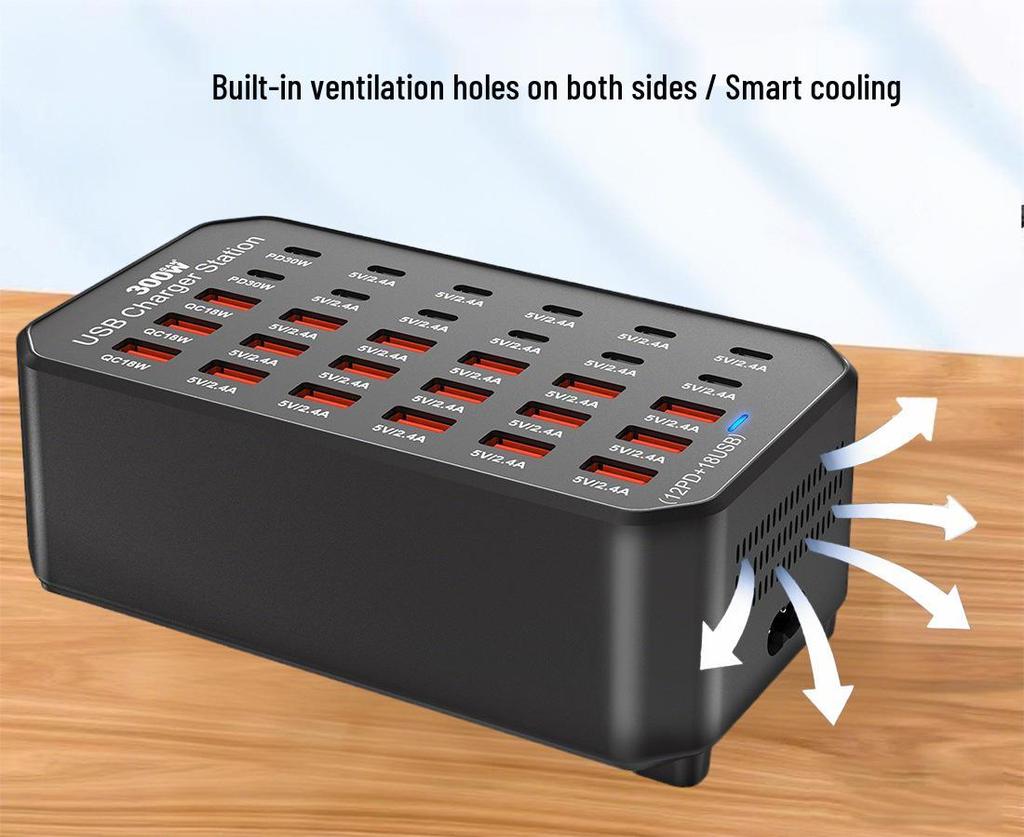 30-Port 300W USB Multifunction Charger for Apple, Huawei Tablets & Phones - PD Fast Charging Desktop Station