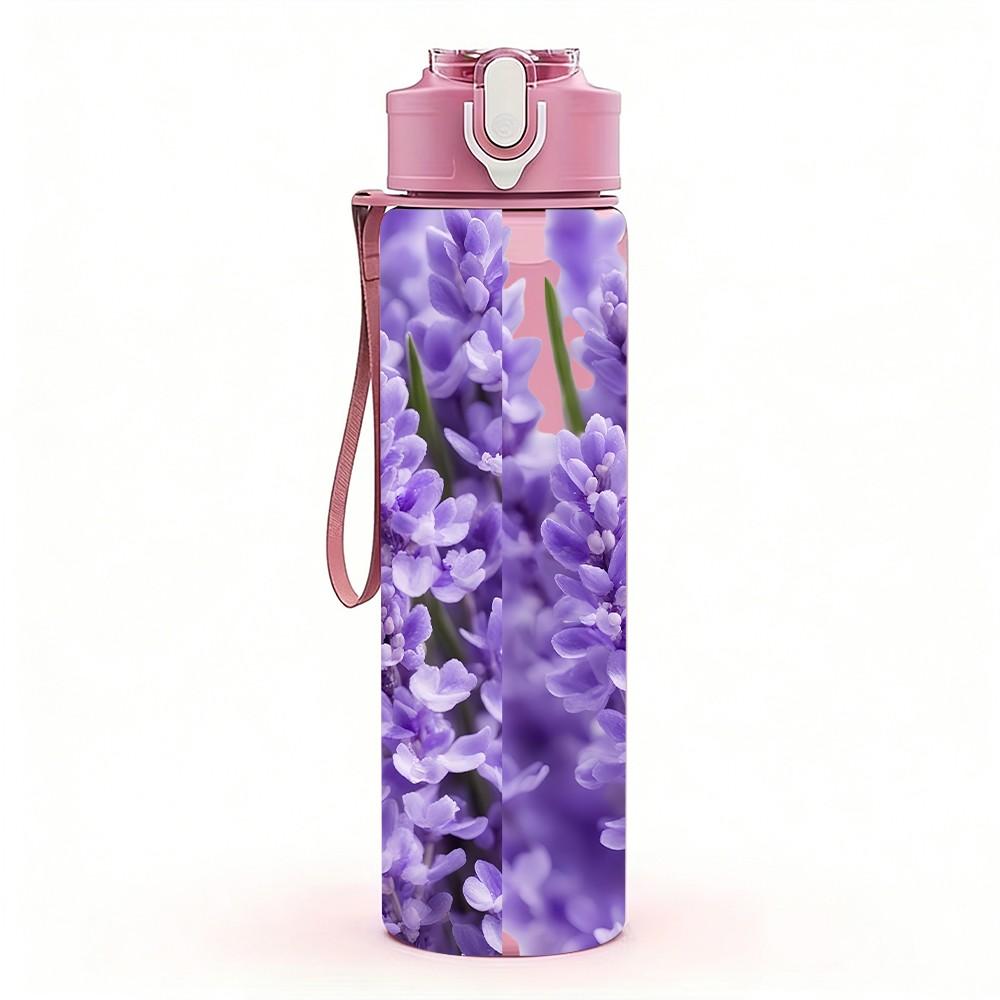 1PC Dense Purple Lavender Field Print 750ml Color Plastic Sports Water Bottle Leakproof Flip Straw Lid Suitable for Sports Office Home Use
