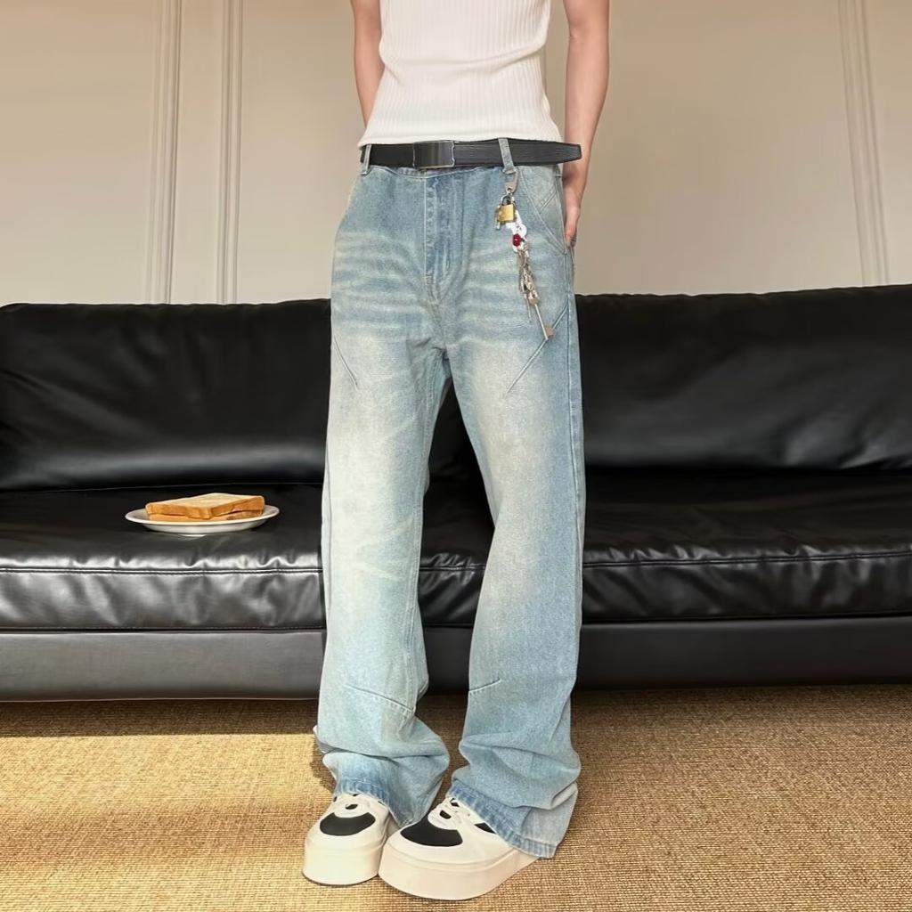 Autumn And Winter New American High Street Washed Light Colored Jeans For Men And Women Straight Leg Slightly Flared Loose Wide Leg Pants