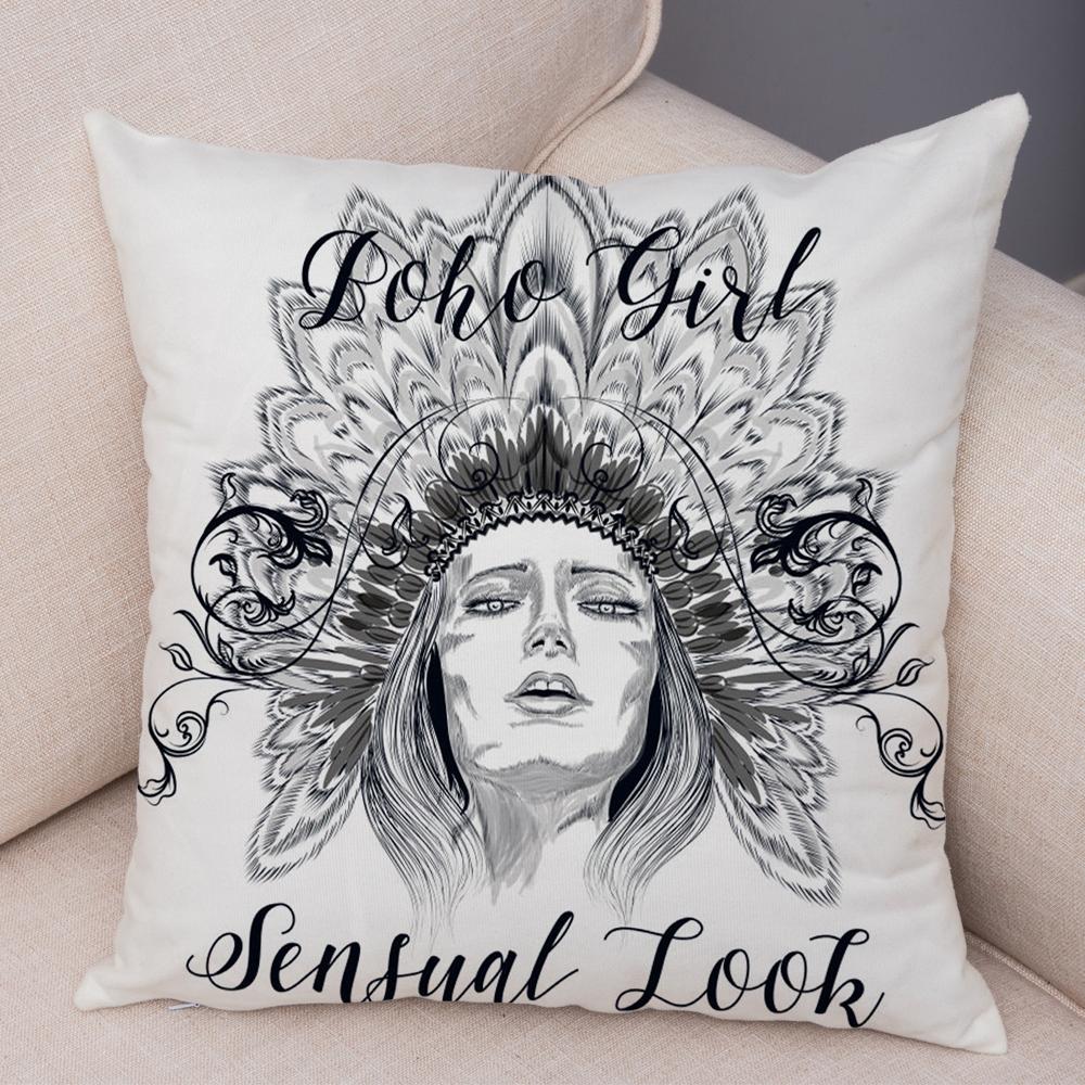 Boho Woman Art Pillowcase Double Print Fashion Lady Cushion Cover Soft Plush Portrait Pillowcase Bedroom Decor