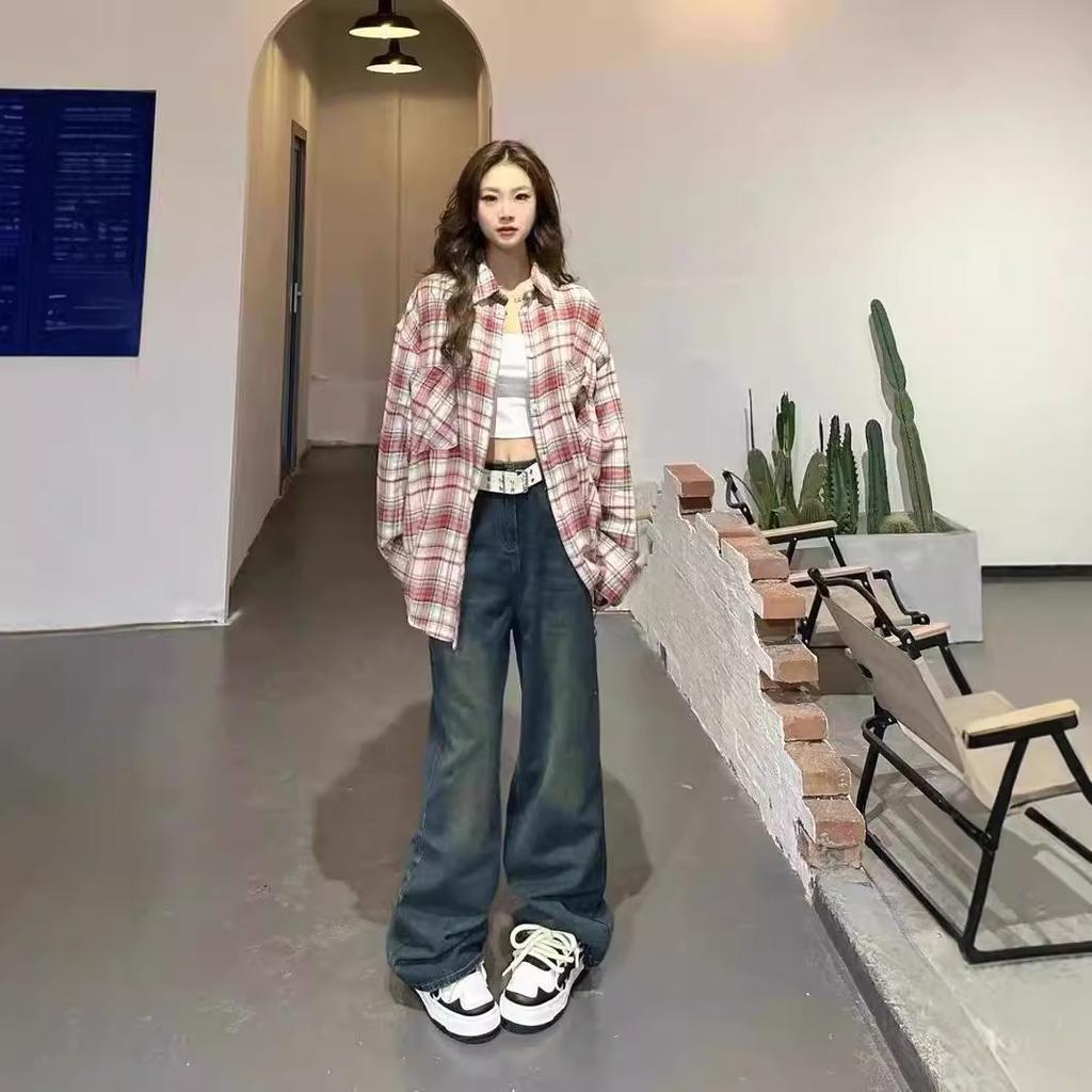 American Spice Girl Vintage Plaid Long Sleeve Red Shirt Women's Spring and Autumn Pure Desire Lazy Plaid Top Jacket Tide