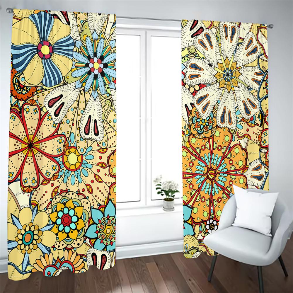 2Pcs Retro Floral Curtains Colorful Hand-drawn Pattern Living Room Study Sunshade Bohemian Style Decor Curta