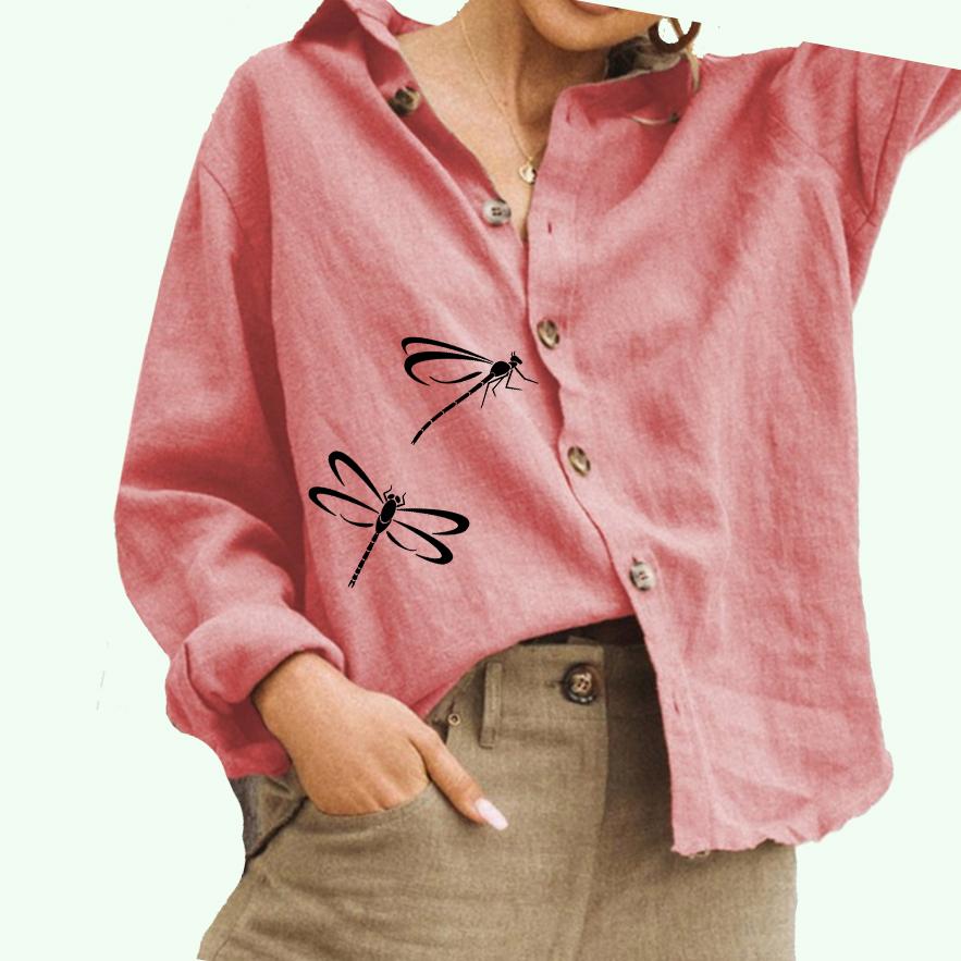 

Женская модная блузка с воротником-лацканом, женская повседневная рубашка из хлопка и льна с принтом на пуговицах 3XL розовый