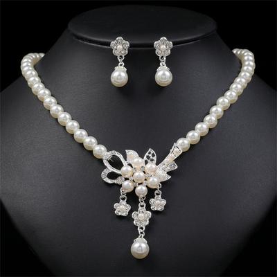 New Fashion Personality Flower Imitation Pearl Wedding Necklace Earring Set Bridal For Women Elegant Rhinestone Jewelry Gift