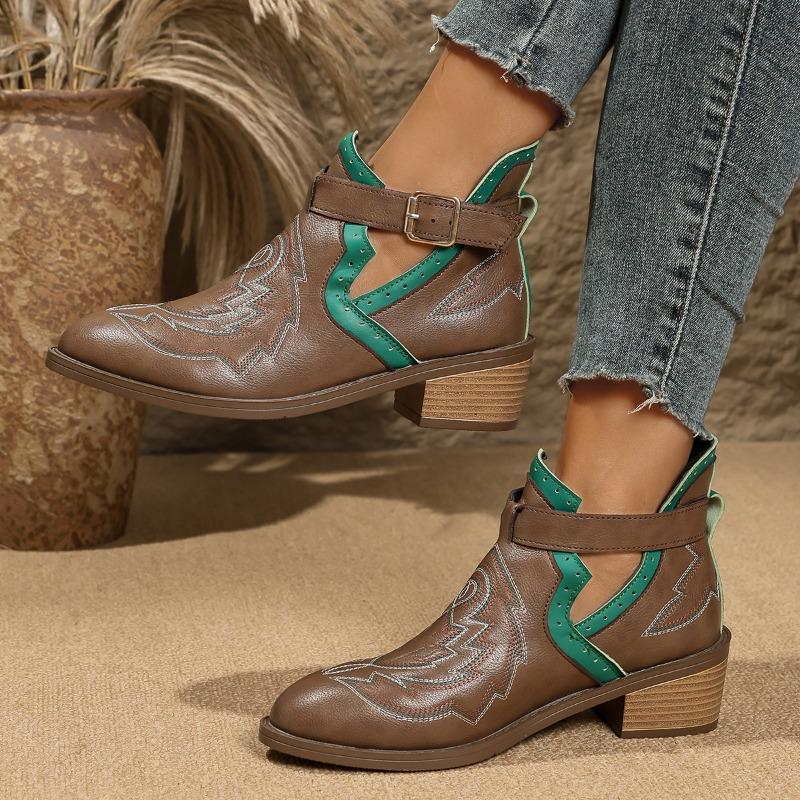 Large Size Autumn Women's Belt Buckle Martin Boots Vintage Pointed Heel Embroidered Women's Boots