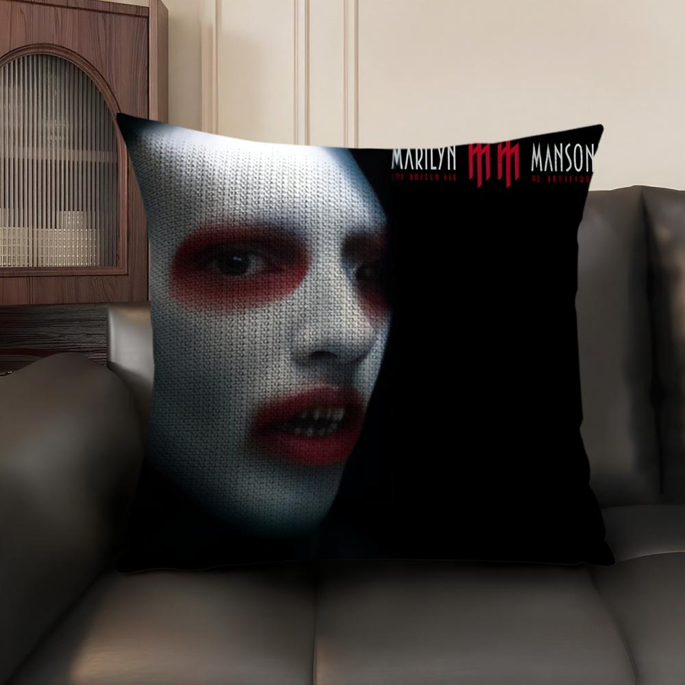 M-Marilyn Manson Rock Cushion Cover Natural Linen Organic Fabric Double-Sided Printing Sofa Home Decor Gift Pillow Case