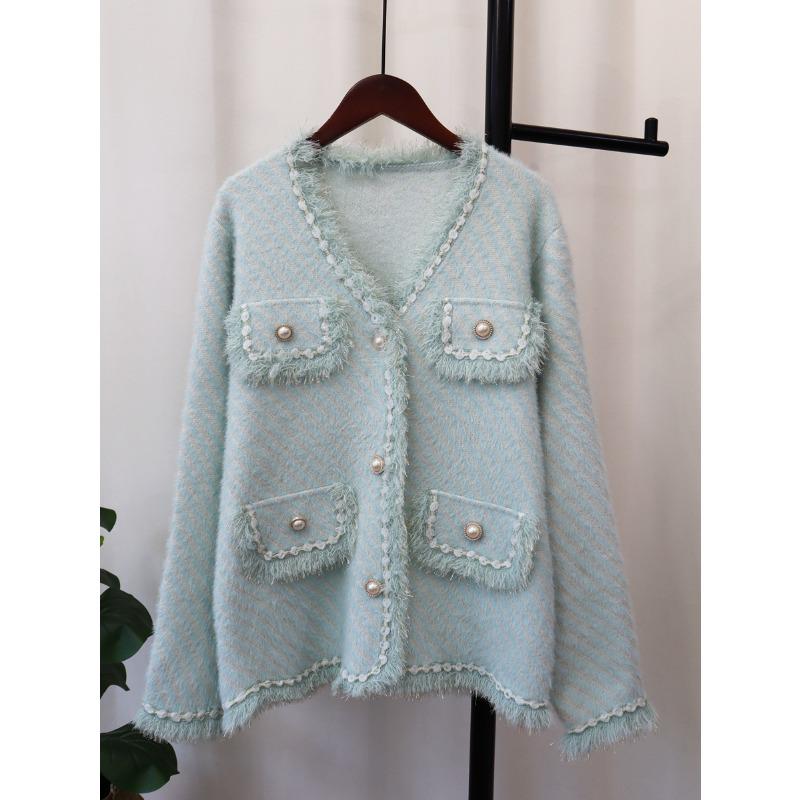 Herbst und Winter neue lockere Strickjacke aus Imitat-Nerz-Samt, feminin, weich, wachsartig, Pulloverjacke