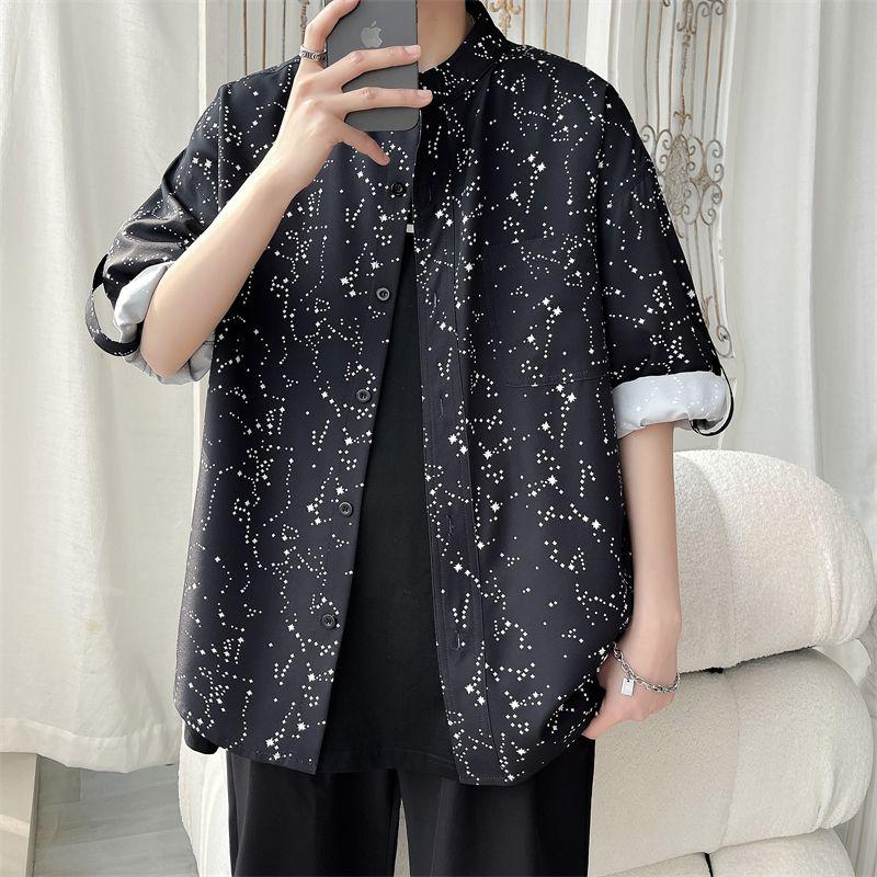 Ice Silk 7-quarter Sleeve Stand-up Collar Shirt Men Personality Fashionable Printed Loose Cardigan