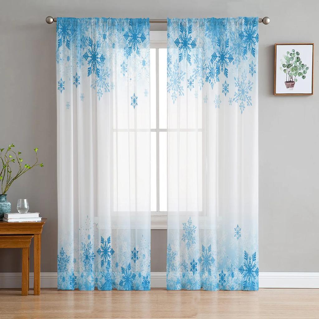 Christmas Snowflake Background Tulle Window Curtains Living Room Organza Sheer Voile Curtain Bedroom Kitchen Home Decor Drape