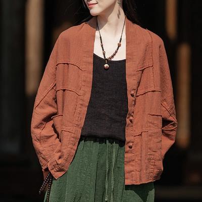 Women Vintage Stand Bat Sleeve Spring Autumn Patchwork Button Loose Coats