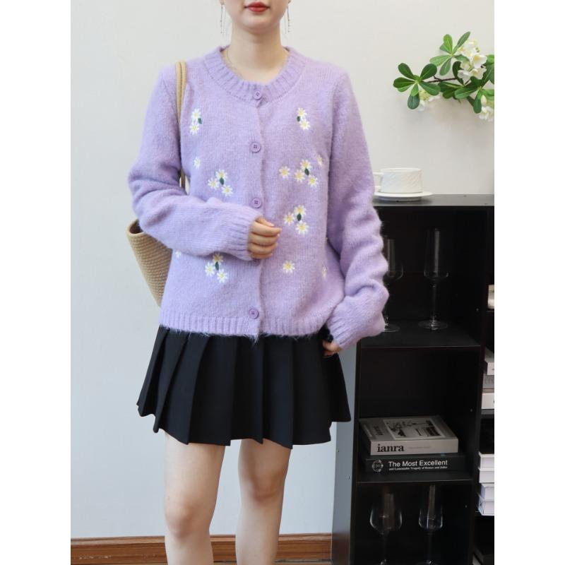 Crew Neck Embroidered Knitted Cardigan Autumn and Winter New Loose Sweet Soft Waxy Gentle Wind Sweater Jacket Women