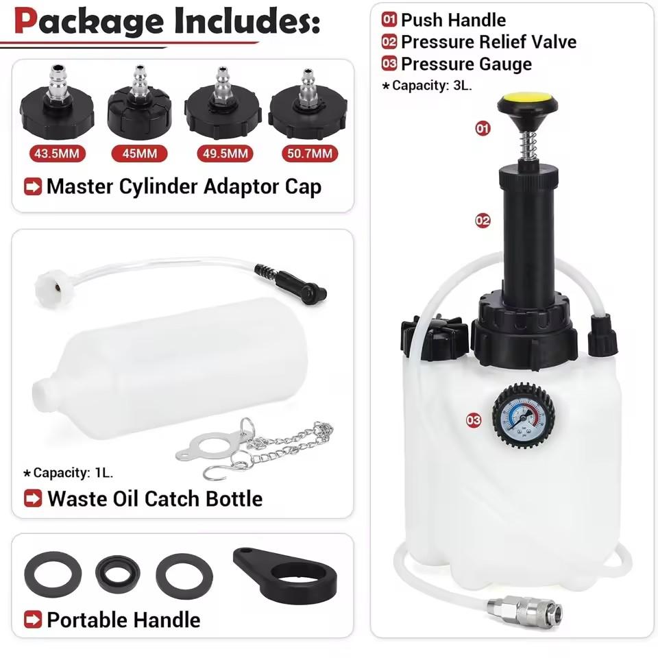 4 Port Manual Brake Fluid Changer with Waste Oil Pot Adapter Wrench 3L Automotive Brake Oil Replacement Tool Pressure Pumping