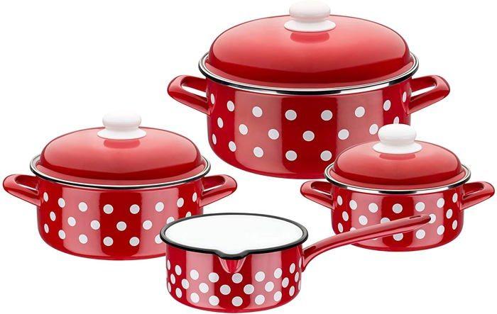 Batterie de cuisine - GSW 189705 - 7 pièces - Émaillé - Rouge à pois - Résistante aux rayures