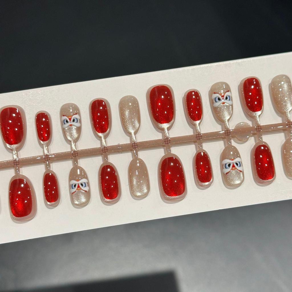 3D Festive Katzenaugen-Press-on-Nägel - Glücksbringendes Rot mit Wachlöwen-Design (30 Stück)