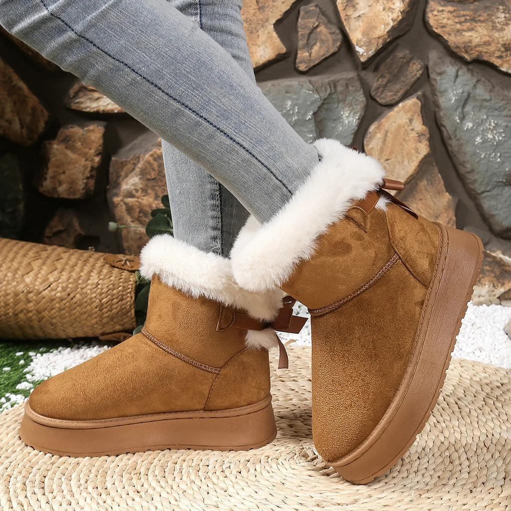 Autumn Winter Thick Bottom Fleece Lined Snow Boots Women's Butterfly Knot Fur Trim Warm Short Boots Rubber Upgraded Version
