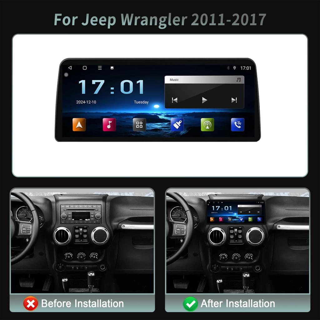 12.3inch Car Radio Stereo For Jeep Wrangler 2011-2017 Android 14 Multimedia Navigation 4G GPS WIFI Wireless Carplay Touch Screen