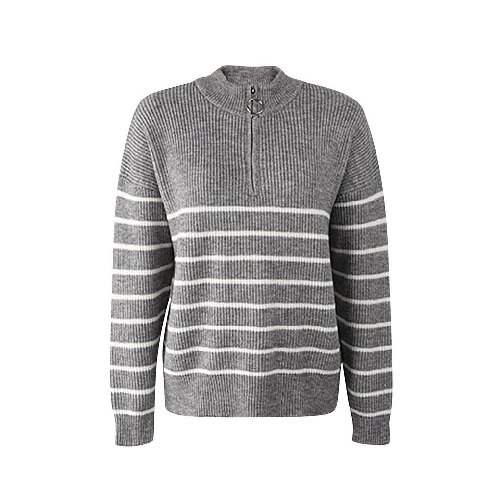 Damski modny sweter w paski z półgolfem i zamkiem na piersi