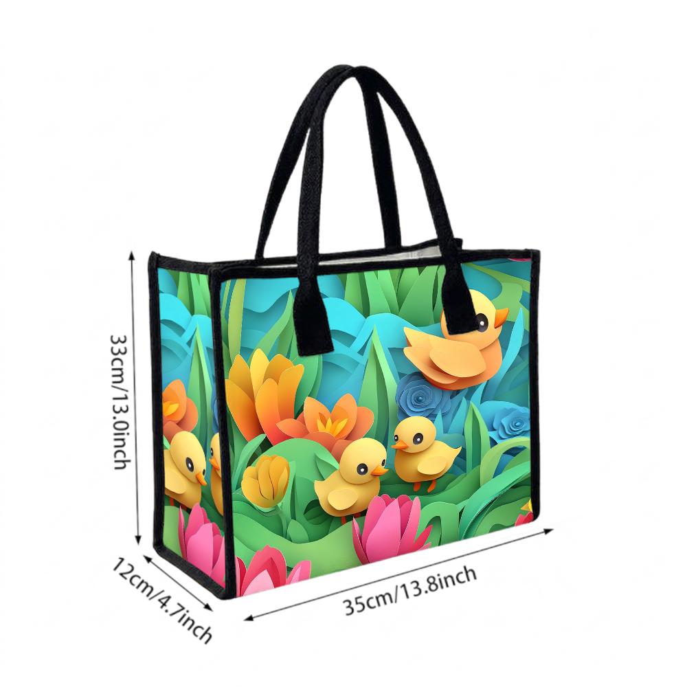  Cute Duck Floral Print Tote Bag Casual Large Capacity Fashion Shopping Handbag for Daily Use