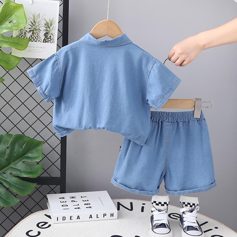 2025 Boys' Korean Style Denim Bear Short Sleeve Two-Piece Summer Set