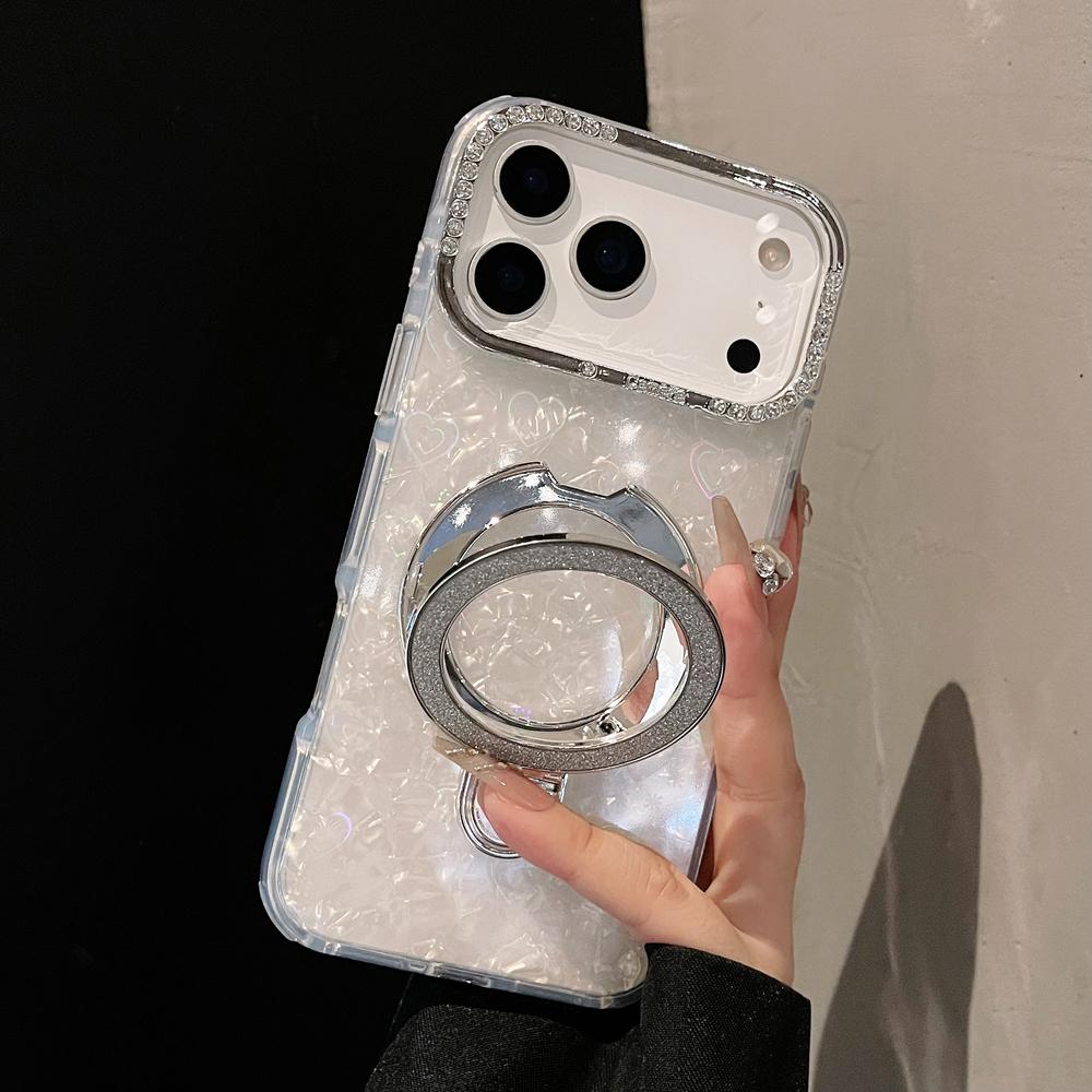 KEYSION Magnetische Muscheltextur Juwelenbesetzte Handyhülle für iPhone 14 15 17 Pro Max Air 16Plus Stoßfestes Panzer-Ringständer-Backcover