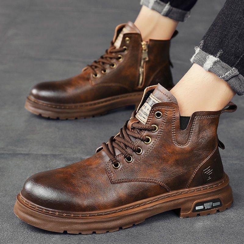 Outdoor Martin boots men's autumn and winter new trendy leather shoes retro tooling short boots high-top lace-up shoes men