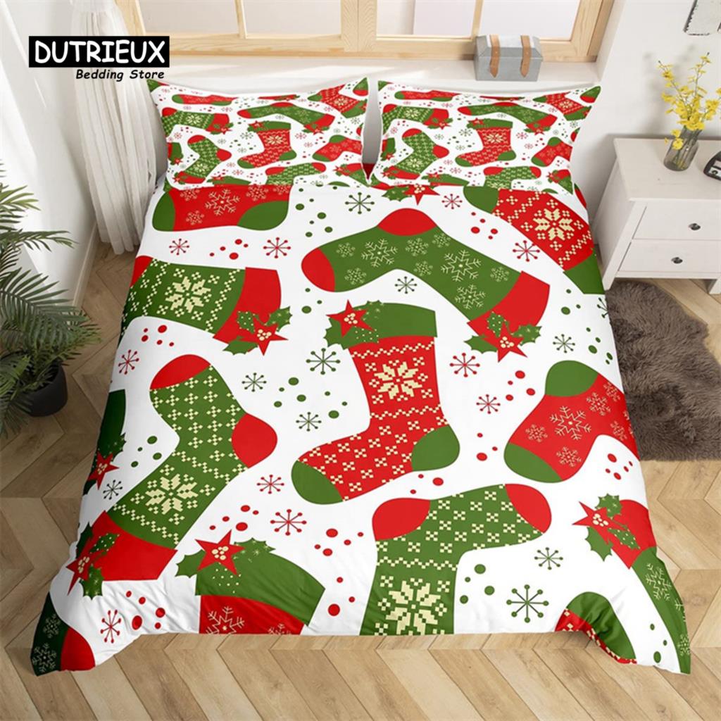 Christmas Duvet Cover Cartoon Snowman Deer Reindeer Bedding Set Twin Size Microfiber Cute Gingerbread Stocking Comforter Cover