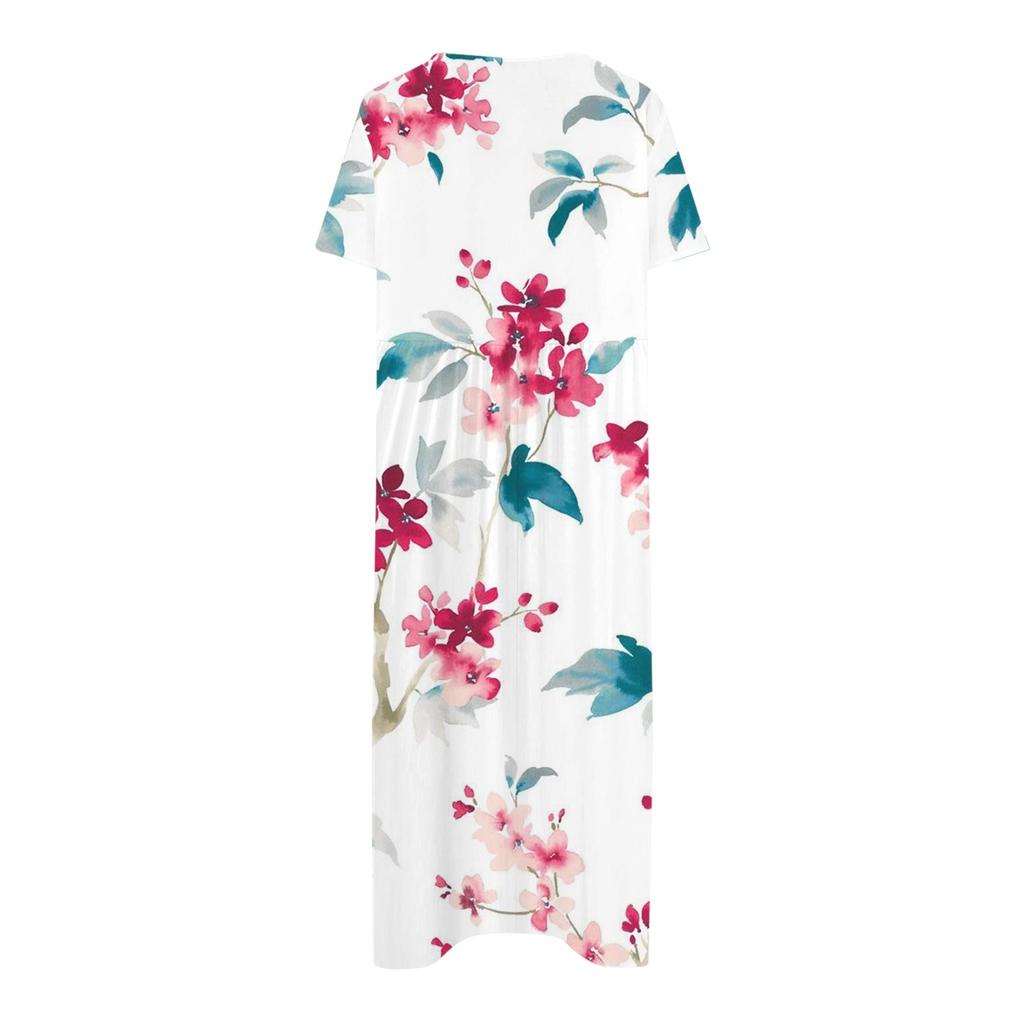 Women's Summer Casual Fashion Floral Print Short Sleeve Round Neck Pocket Dress