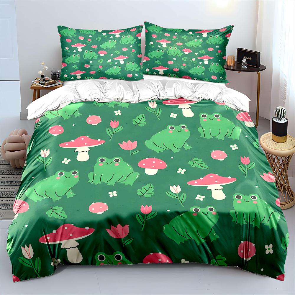 Cartoon Frogs Mushrooms Flower Background Bedding Set 1 Duvet Cover 2 Pillowcases For Adult And Children Luxury Gift Full Size