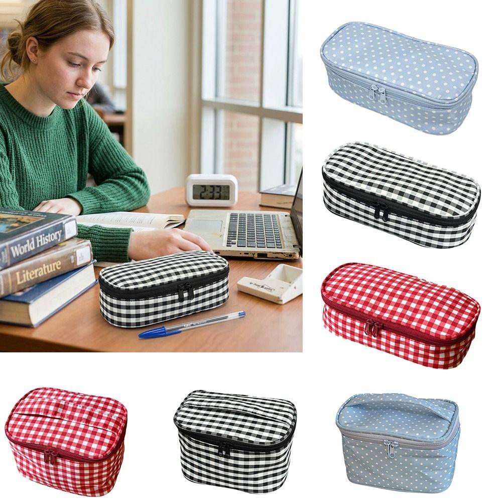 Multifunctional Plaid/Polka Dot Patterns Storage Bag Large Capacity Double Zipper Makeup Bag Portable Pencil Pouch