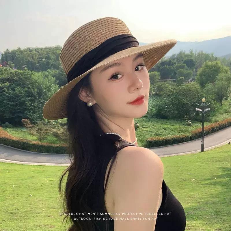 New summer visor hat flat top straw hat women s seaside beach sun protection woven sun hat adjustable