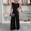 Women's Fashion Set Round Neck Sleeveless Top Wide Leg Pants Two Piece Casual Outfit