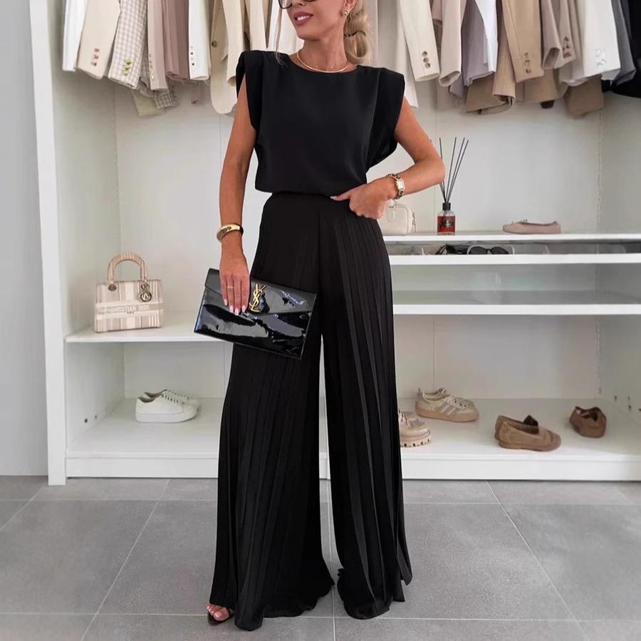 Women's Fashion Set Round Neck Sleeveless Top Wide Leg Pants Two Piece Casual Outfit