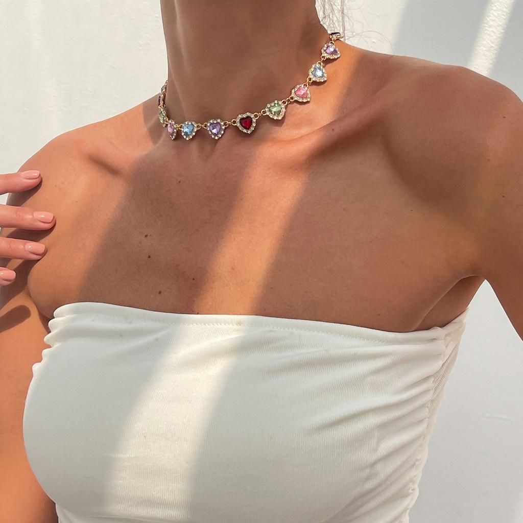 Simple Full Diamond Love Necklace, Versatile Temperament Colorful Geometric Diamond-encrusted Necklace for Women