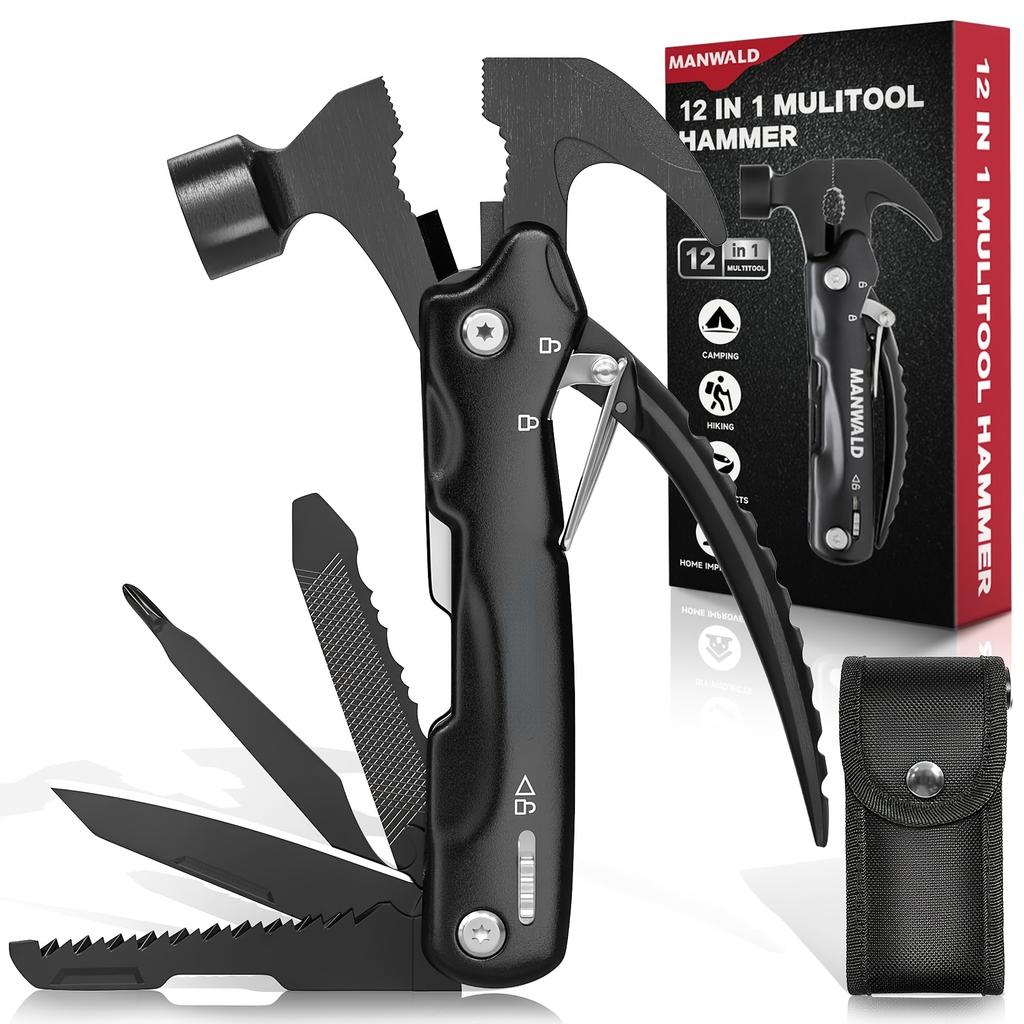12-in-1 Multi-function Hammer, Multi-function Tool, Outdoor Multi-tool with Safety Lock and Durable Nylon Sheath