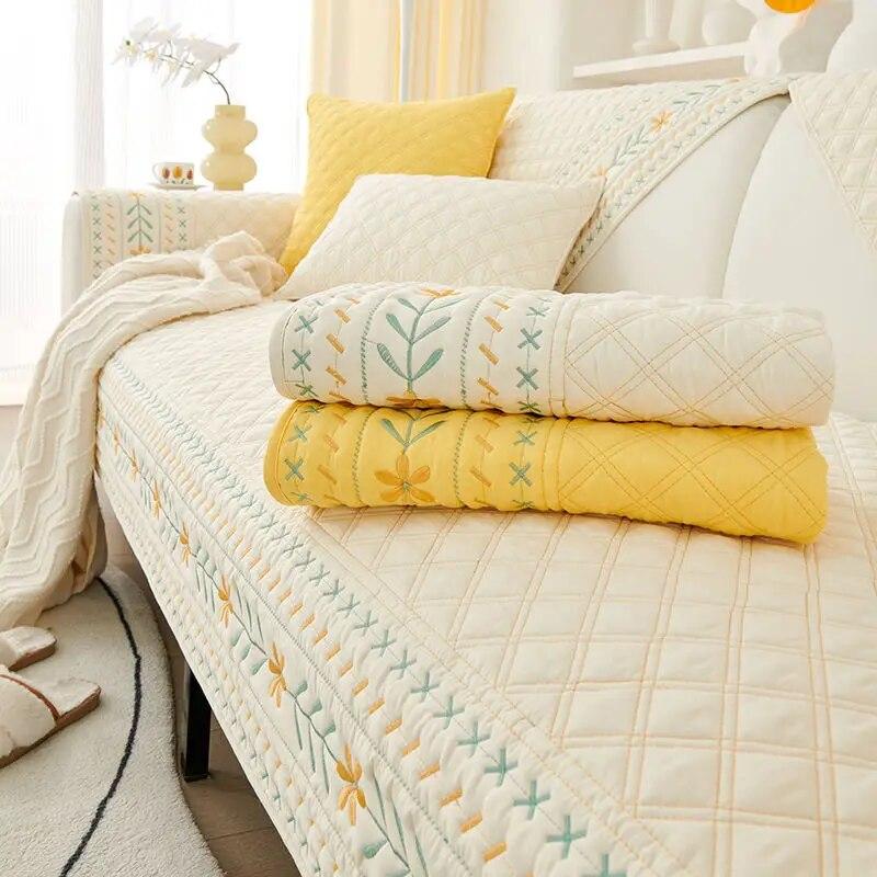Cotton Embroidered Sofa Cover Rustic Style Jacquard Fabric Non-Slip Cushion Simple Living Room Sofa Armrest Backrest Towel