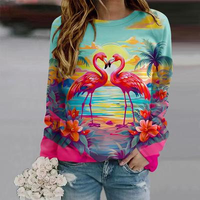 Fall Autumn Women'S Fashion O Neck Long Sleeve T-Shirt Loose Clothes Red-crowned Crane Print T Shirt