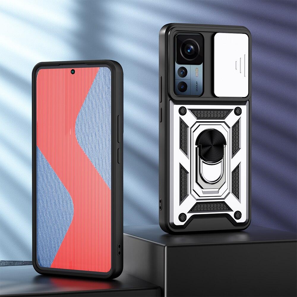 KEYSION Shockproof Case for Xiaomi 12T Pro 5G Push Pull Camera Protection Ring Stand Phone Cover for Redmi K50 Ultra