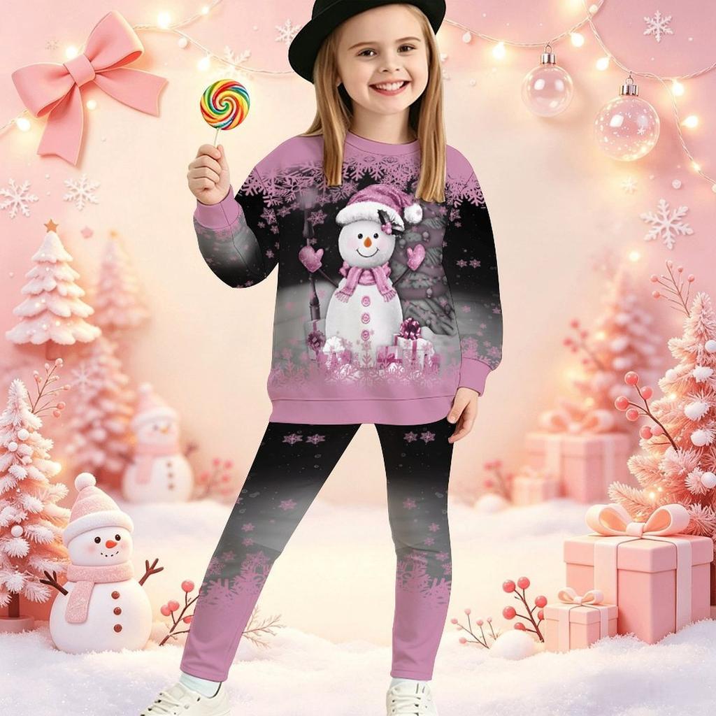 Girls' Xmas Tree Casual Comfortable Soft Loose Pullover Sweatshirt and Leggings 2-Piece Set, New Autumn/Winter, Playful, Sweet and Cool Style
