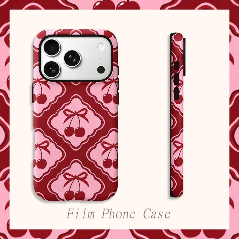 Cute Y2K Sweet Coquette Geometric Red Pink Cherry Bow Pattern Film Art Aesthetic Protective Shockproof Bumper Case For iPhone 14 15 16 Pro Max Plus