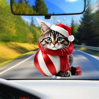Swinging Cat Car Mirror Hanging Ornament Wearing Christmas Hat Car Pendant Decoration Acrylic Versatile Car