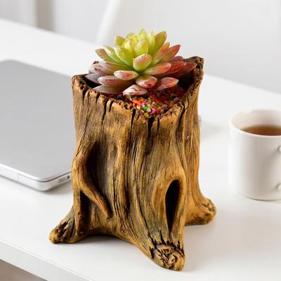Flowerpot Hand-Painted Imitation Old Tree Stump Shape Outdoor Garden Planter Cement Texture Weatherproof Plant Container