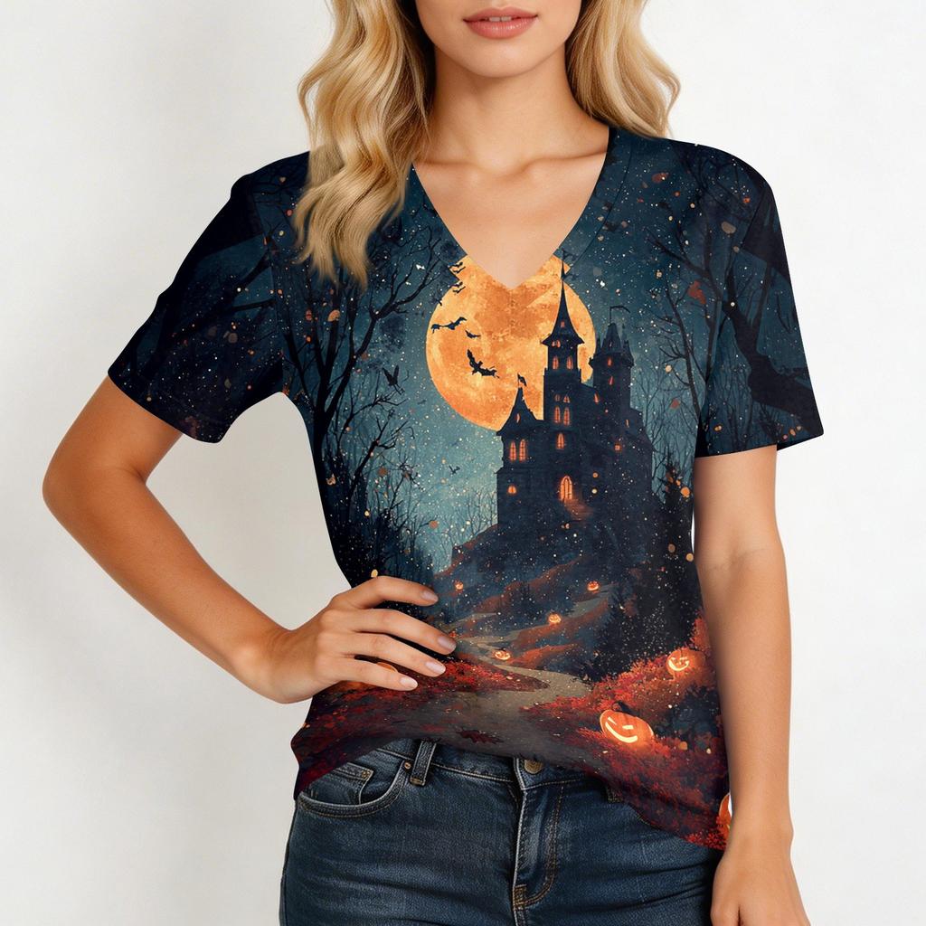 Women's Casual Short Sleeve Halloween Print V Neck Pullover Top Lightweight Comfortable Fit Seasonal Graphic Tee for Everyday Wear