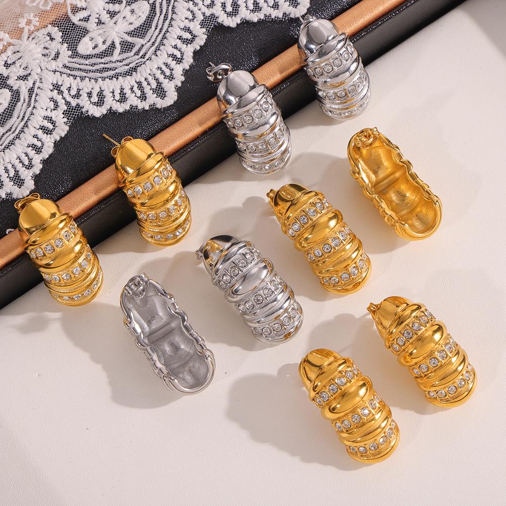 European-American Textured Design Earrings: Creative Diamond-Inlaid 18K Gold Plated Titanium Steel