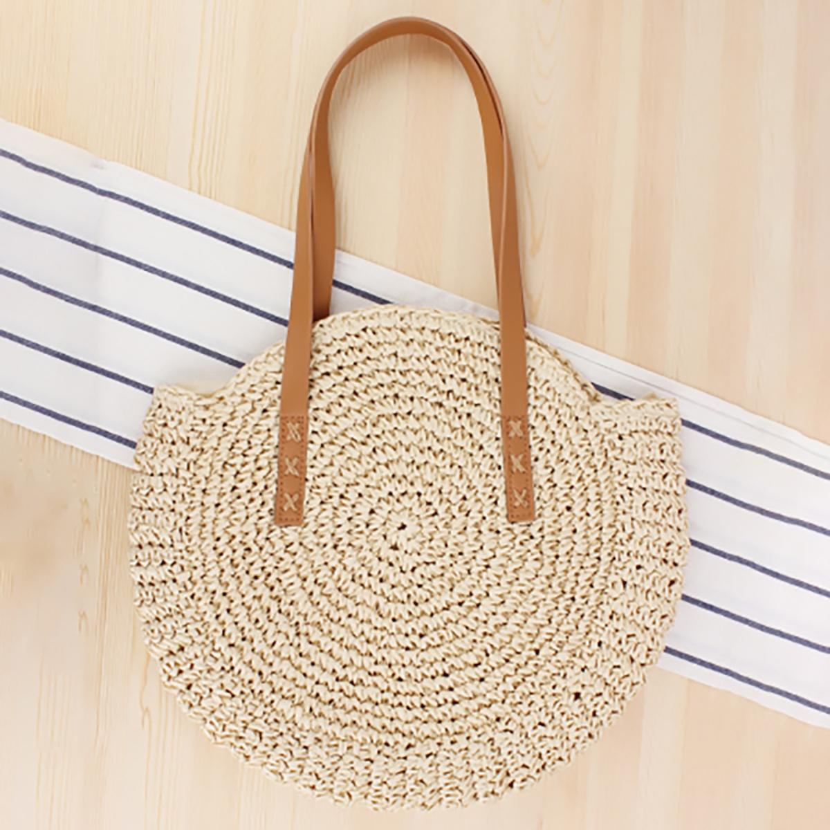 

Женская мода коричневая круглая соломенная сумка для отдыха тканая пляжная сумка через плечо бежевый